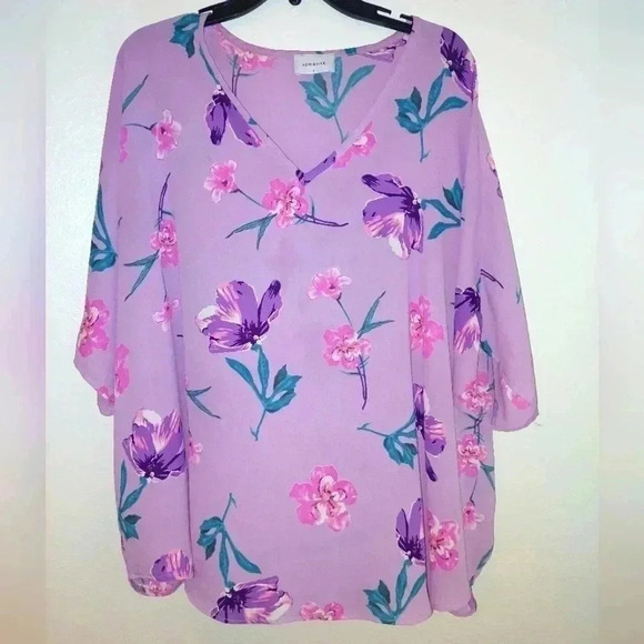 Adrienne Tops - Adrienne PRINT Biege Purple Floral V-Neck PONCHO TUNIC Size Medium Oversized